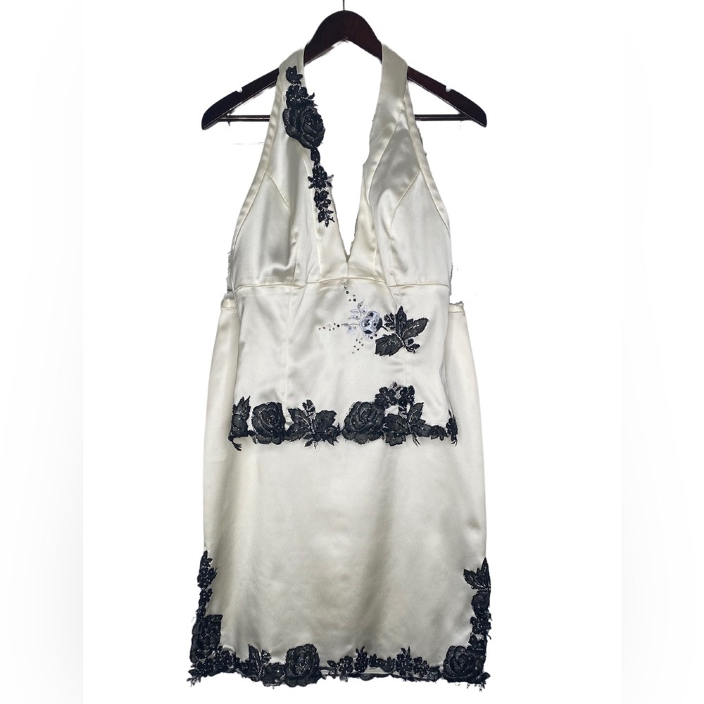 Cream satin & black lace halter 2 piece